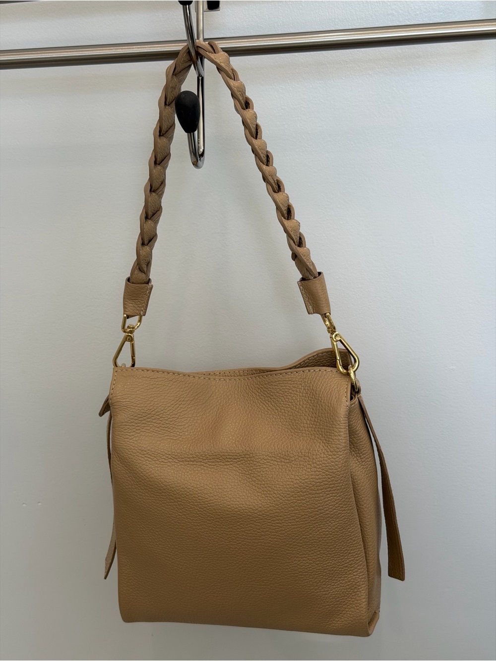 Structured Tan Leather Shoulder Bag with Braided Strap Genuine Leather